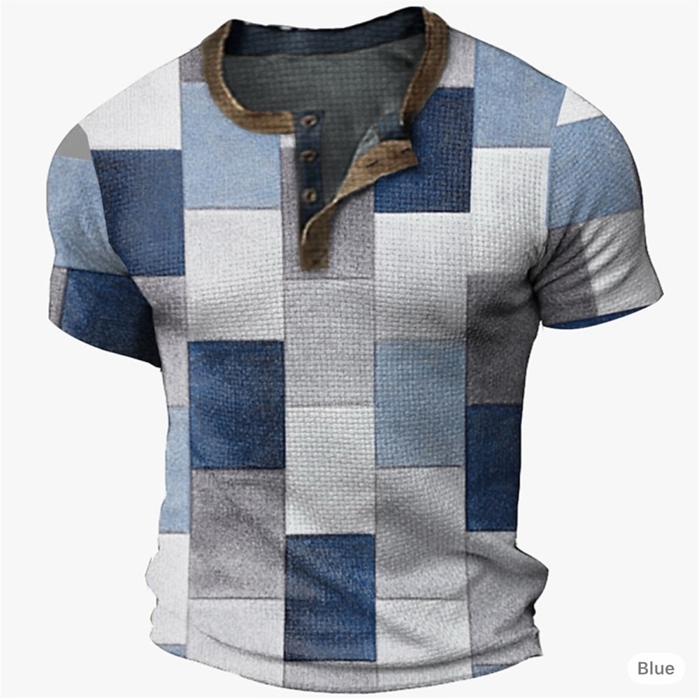 Men's Graphic Color Block Plaid / Check Waffle Henley Shirt Short Sleeve Size3XL